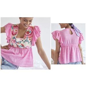 Plenty Tracy Reese Anthropologie Embroidered Pink Ruffle Sleeves Baby Doll Top M